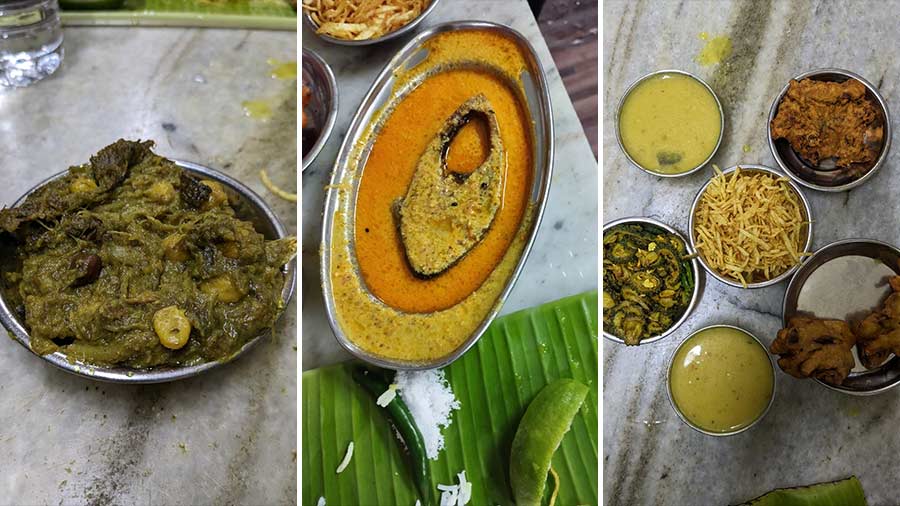 (L-R) Kochu shaak ilisher matha, shorshe ilish and different bhajas