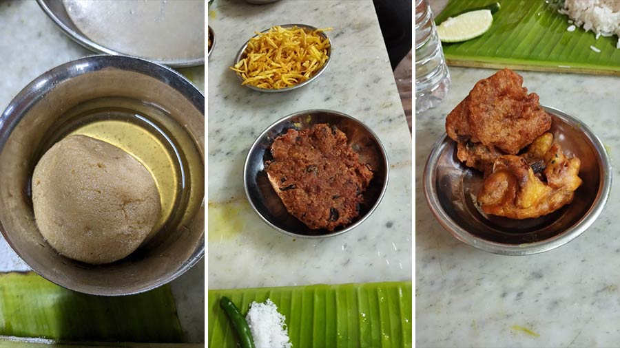 (L-R) In-house gurer rosogolla, maacher dimer bora and kumro phool bhaja 