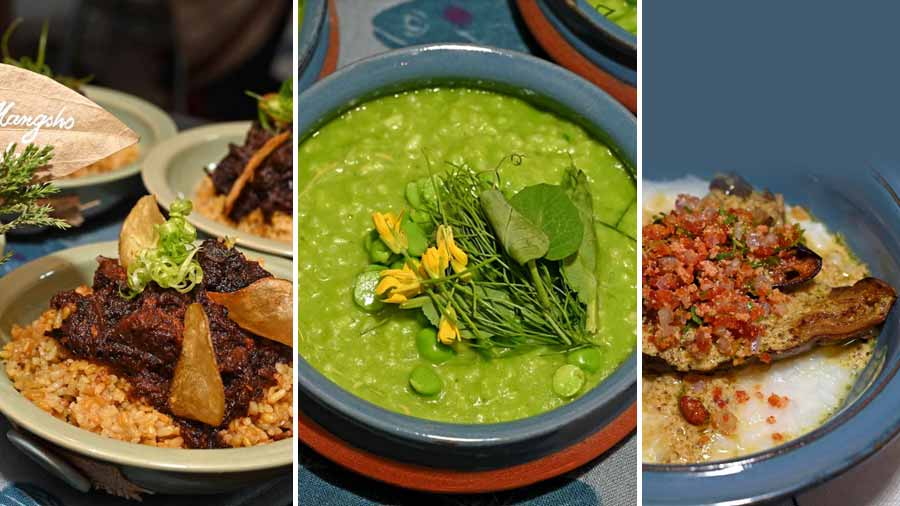 (L-R) Kala Bhuna Mangsho with Bhuna Khichuri, Koraishutir Khichuri, Shorshe Begun, Bori and Gola Bhaat