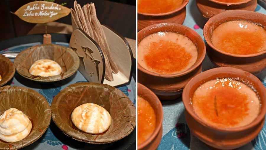 (L-R) Makha Sandesh with Lebu and Nolen Gur, Doodh Cha Crème Brûlée