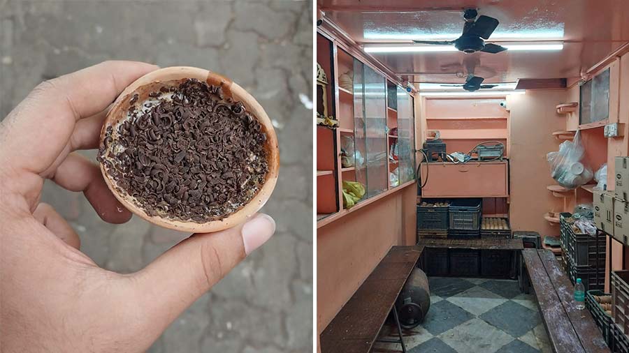 This steaming chocolate-flavoured tea is unmatched by anything else you can get in and around the Girish Park area. (Right) seating space is for around six  