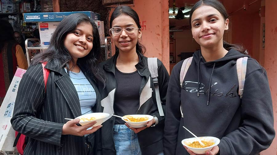 Friends Ridhi, Divya and Sana Jawed. ‘The Vegetable Corn Maggi option out here is fantastic,’ said first-timer Ridhi, while Sana enjoyed the Milky Maggi and the ‘heart design on top’  
