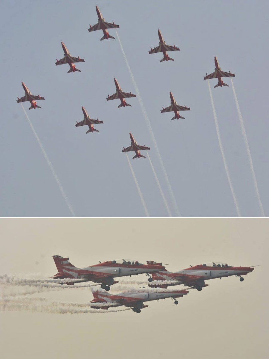 The Surya Kiran Aerobatic Team was formed in 1996 and is a part of the 52nd Squadron of the IAF. The team performed demonstrations with nine aircraft on Friday