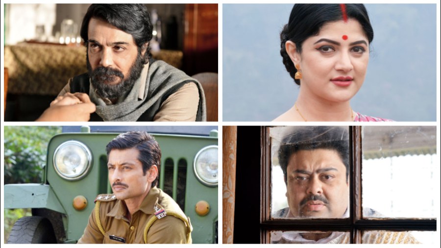 (clockwise) Prosenjit, Srabanti, Ambarish Bhattacharya, Indraneil Sengupt in Kaberi Antardhan, running in theatres now