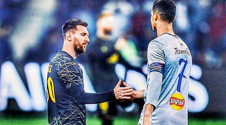 Lionel Messi and Cristiano Ronaldo greeting each other after the game in Riyadh on Thursday.