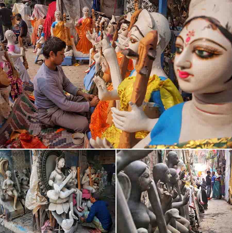 Preparations continue in full swing at Patua Para in Kalighat where artists can be seen working on Saraswati idols. Saraswati Puja will be celebrated on January 26 this year
