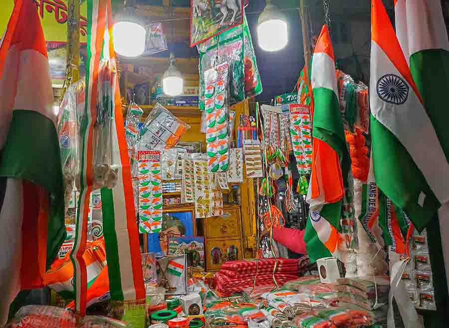 A shop stocked up with National Flags and portraits of Netaji Subhas Chandra Bose in Kolkata ahead of Republic Day