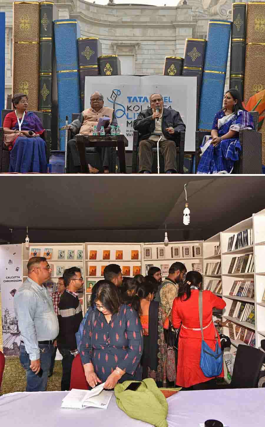 (Top) Veteran authors Shankar and Shirshendu Mukhopadhyay, alongside Semanti Ghosh and Aparajita Dasgupta, revisit the August of 1947 at ‘47er Shei August’ at the Kolkata Literary Meet on Saturday. (Bottom) Visitors check out books in stalls at the event