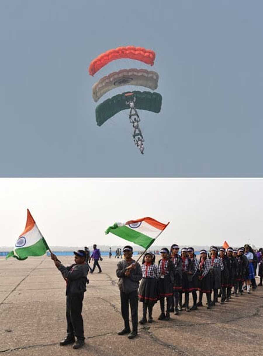 School children attend an aerobatic show at Kalaikunda Air Force station on January 20, Friday