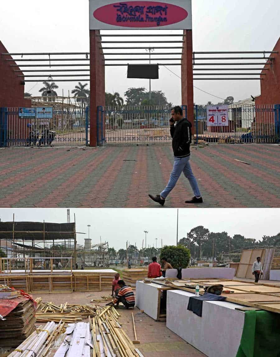 Stalls being set up for 46th International Kolkata Book Fair. The Book Fair will be inaugurated at 2pm on January 30. The fair will be open to visitors between January 31 and February 12 