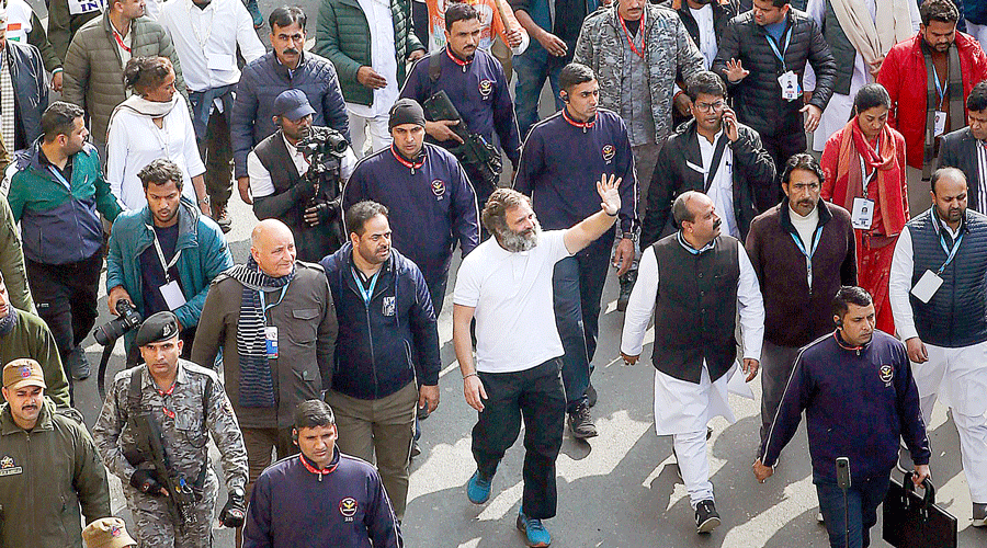Rahul Gandhi with supporters during the Bharat Jodo Yatra in Samba on Sunday.