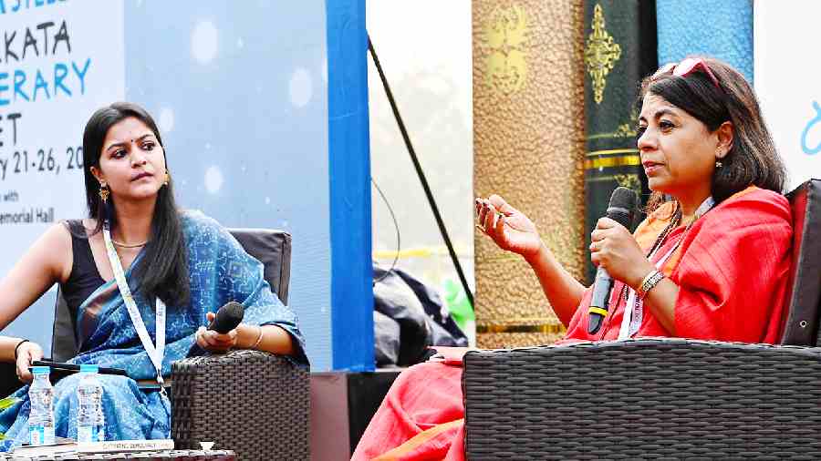 Mukulika Banerjee (right), discusses her book, Cultivating Democracy: Politics and Citizenship in Agrarian India, with Ahona Palchoudhuri at the Tata Steel Kolkata Literary Meet at the Victoria Memorial on Sunday