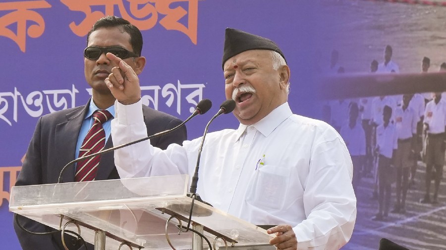 RSS chief Mohan Bhagwat speaks during a meeting at Shaheed Minar in Kolkata, Monday, January 23, 2023.