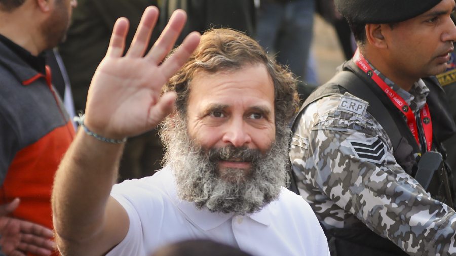 Congress leader Rahul Gandhi waves at supporters during the party's 'Bharat Jodo Yatra', in Jammu district, Monday, January 23, 2023.