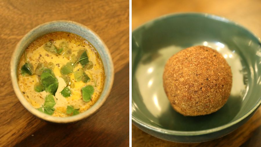 One of the interesting aspects of the store is their Khamar Table. Among the dishes served in the Winter Edit menu are crab custard and (right) chop made with aloo bhaate with pieces of chholar dal, bits of helencha shaak and Thankuni paata and oozy butter 