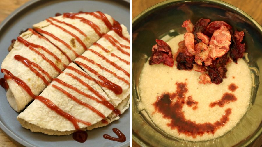 From the Khamar Table winter menu: (Left) the rice-flour roti with a filling of duck meat and German turnip salad topped with roselle sauce, and (right) kaon porridge with beet and radish crisps and sauce made from the peels 