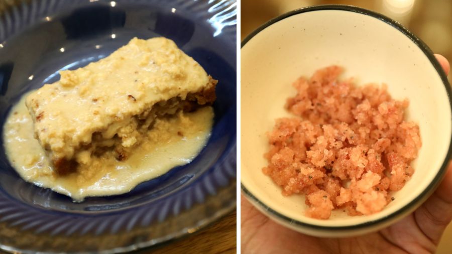 Cauliflower ‘makha sandesh’ with ‘chhanar payesh’ and (right) roselle hog plum sorbet from the Winter Edit Khamar Table