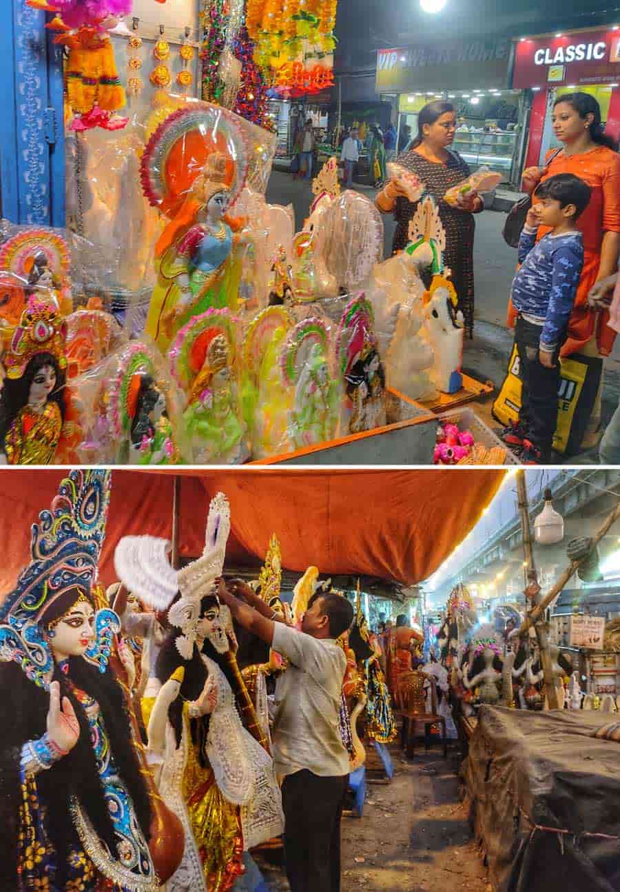 People shop for idols of Goddess Saraswati in north Kolkata ahead of Saraswati Puja. An artist adds last-minute touches to an idol. Saraswati Puja will be celebrated on January 26 this year
