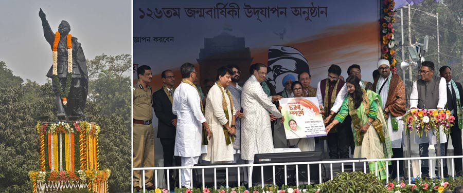 Chief minister Mamata Banerjee paid homage to Netaji Subhas Chandra Bose at Red Road. The CM also launched a CD titled ‘Choron Sparshe’ on the occasion. The CD is a collection of patriotic numbers by Ajay Chakraborty, Swagatalakshmi, Iman, Babul Supriyo, Raghab, Monomoy and several other artistes