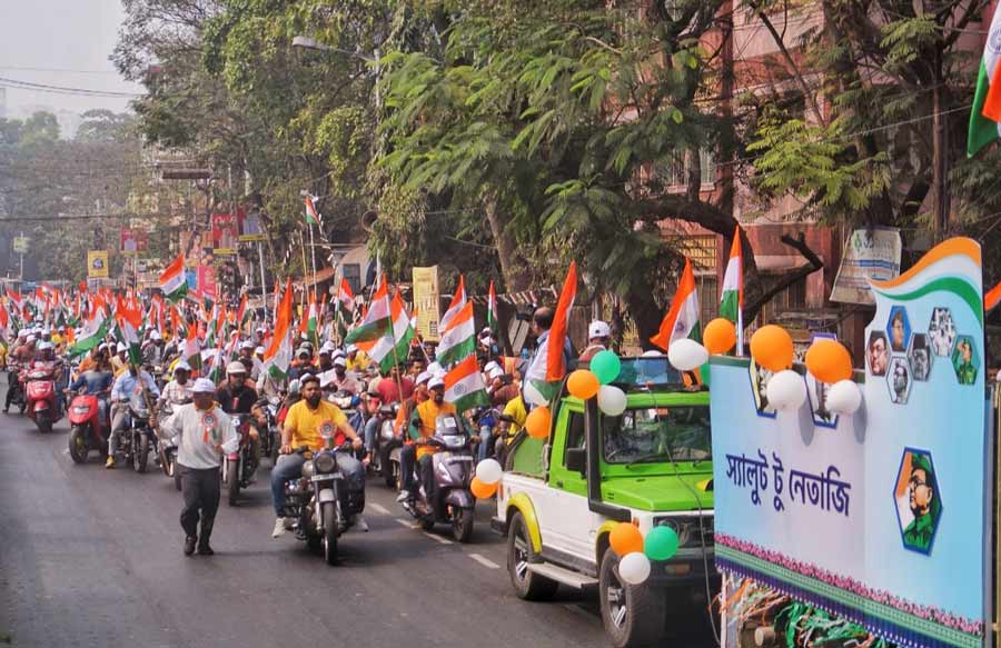 Bikers participate in a rally from Lords More to Netaji Bhavan on the occasion of Netaji Subhas Chandra Bose’s 126th birth anniversary on Monday