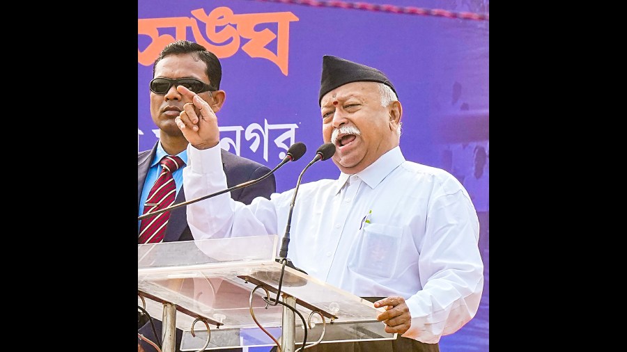 RSS chief Mohan Bhagwat speaks in Calcutta on Monday