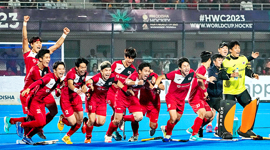 South Korean players break into celebration after their win over Argentina in Bhubaneswar on Monday.