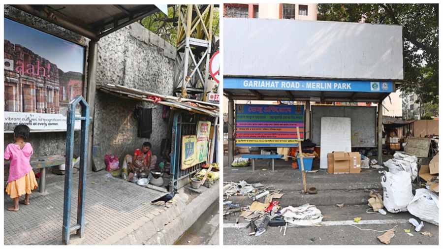 Pavement-dwellers at Ballyguange Phari and (right) items stacked by ragpickers in front a bus stand near Kwality restaurant on Saturday.