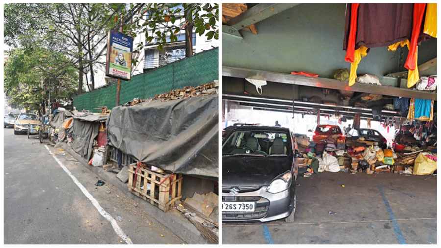 Makeshift shelters on the footpath opposite Modern High School for Girls and (right) various items kept under the Gariahat flyover on Saturday