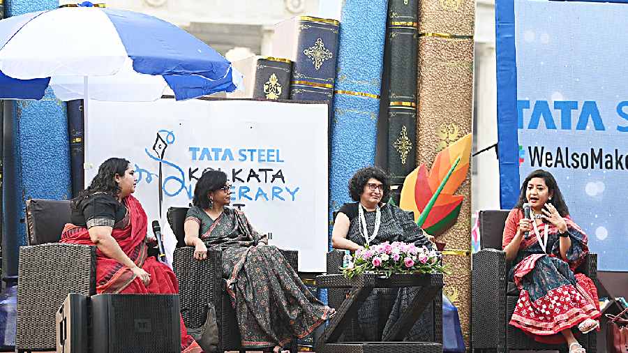 (From left) Sumona Chakravarty, Anuradha Kapoor, Sharda Ugra and Ghazala Wahab at the Tata Steel Kolkata Literary Meet at the Victoria Memorial on Monday. 