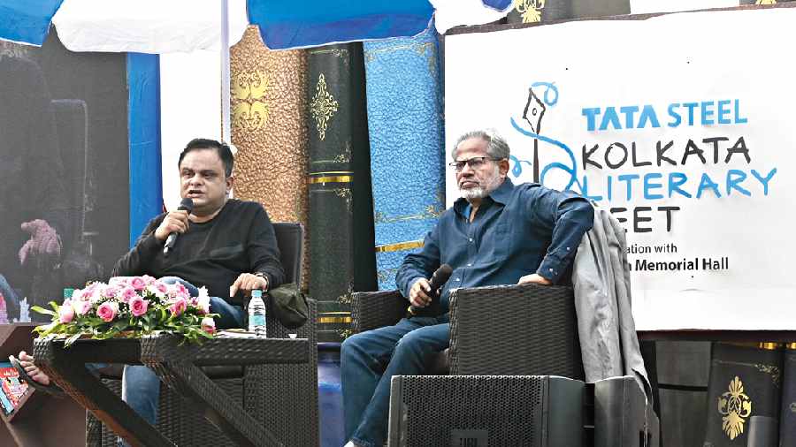 Bratya Basu (left) in conversation with Subodh Sarkar at the Tata Steel Kolkata Literary Meet at the Victoria Memorial on Monday. 
