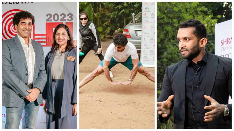 (L-R) Abhay Nene with FICCI Flo Kolkata chairperson, Shradha Saraf, at FIT@FLo; Abhay Nene leading the warm-up session for the FICCI ladies; Sunny Shah at the goal-oriented nutrition and fitness event