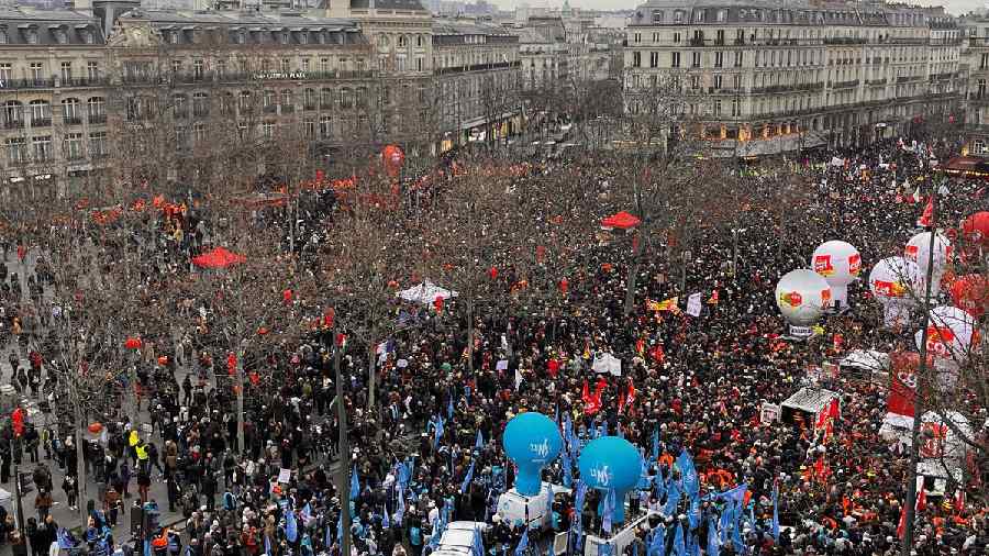 Crowd of protesters at the Palace de la Republique in Paris 
