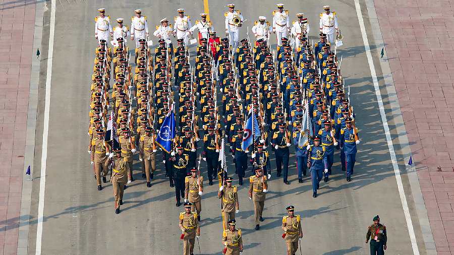  Contingent of the Egyptian Military marches past during the full dress rehearsal of the Republic Day parade on Kartavya Path in New Delhi.