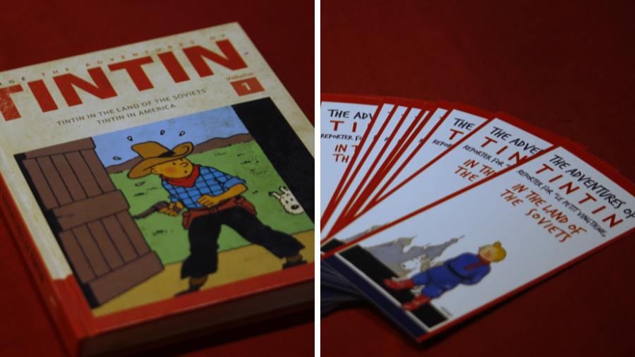 A copy of ‘Tintin in the Land of the Soviets’ and special bookmarks at the cafe for the event on January 22