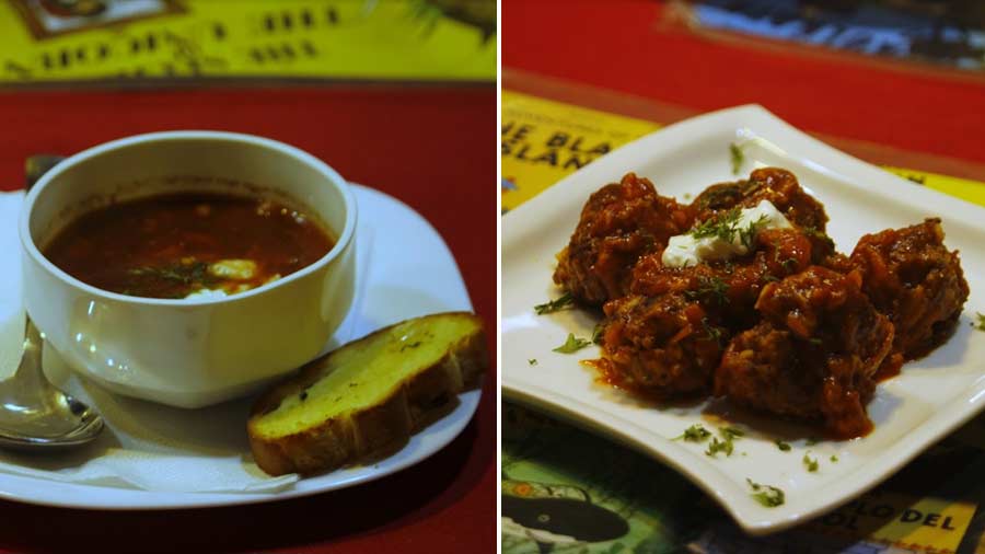 The borscht and the 'tefteli' (meatballs) from the menu