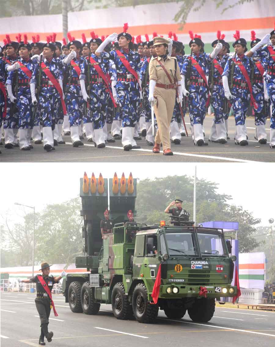  A full-dress rehearsal parade in progress at Red Road on Tuesday. Defence weapons being displayed as part of rehearsals for Republic Day 