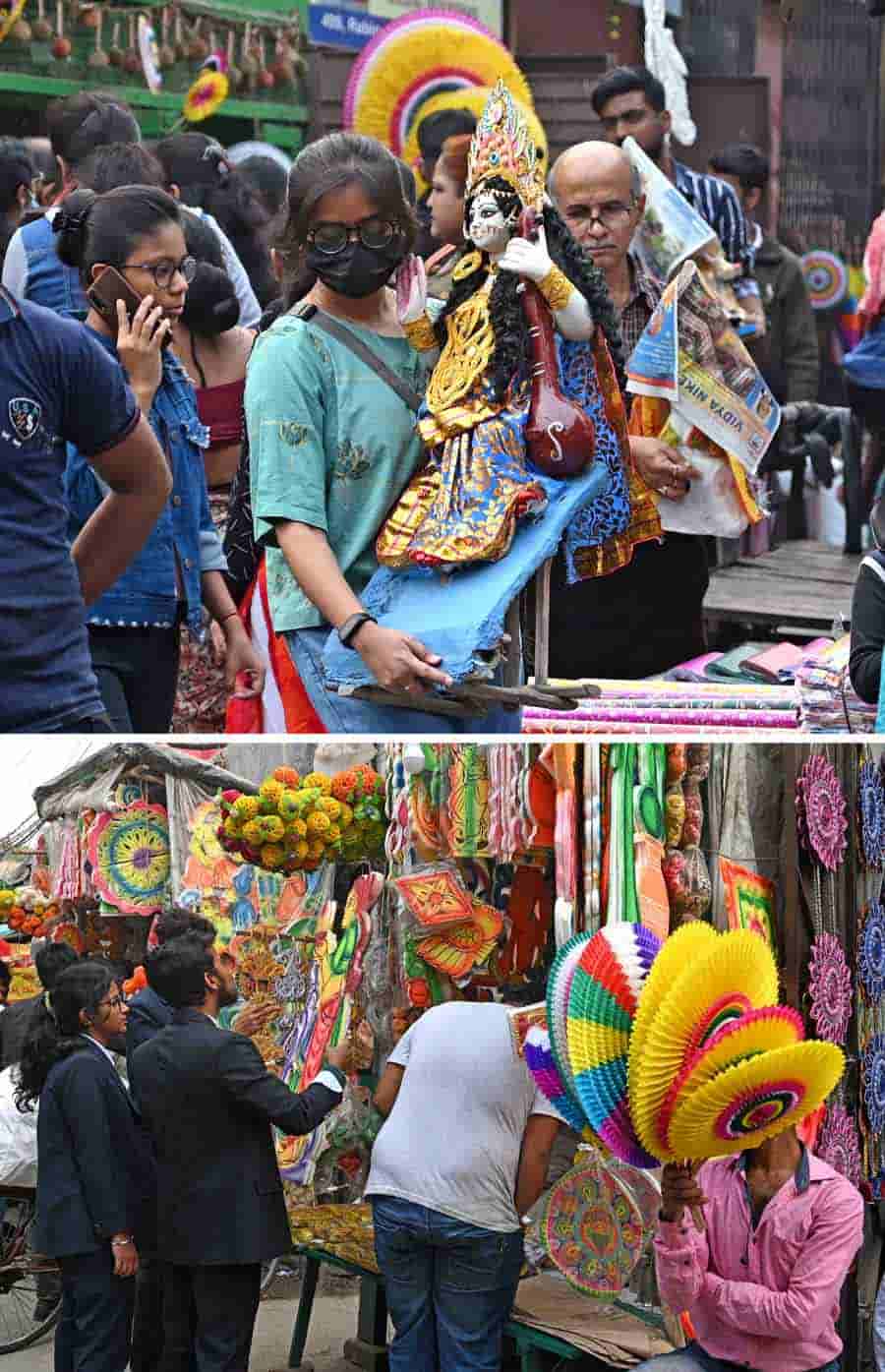 As the city gets ready to celebrate Saraswati Puja, people were spotted taking home Saraswati idols at Kumartuli. Last-minute shopping continues in full steam