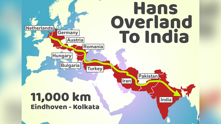 A map of Hans' overland journey to India