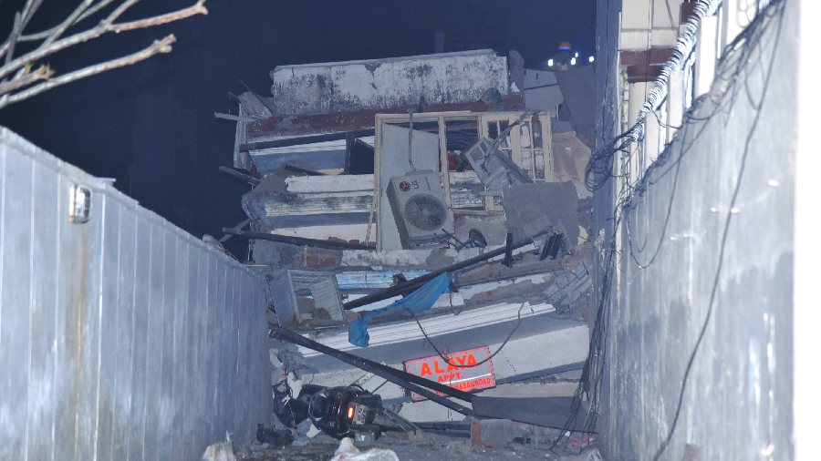Debris of a multi-storey residential building after it collapsed in Lucknow’s Hazratganj, that left at least three people dead and some others feared trapped in the rubble, Tuesday, January 24, 2023.