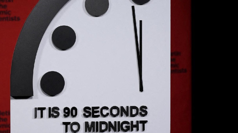 The clock with the Bulletin of the Atomic Scientists is placed ahead  of the announcement of the location of the minute hand on its Doomsday Clock , indicating what world developments mean for the perceived  likelihood of nuclear catastrophe at the National press club in Washington, U.S,  January 24, 2023.