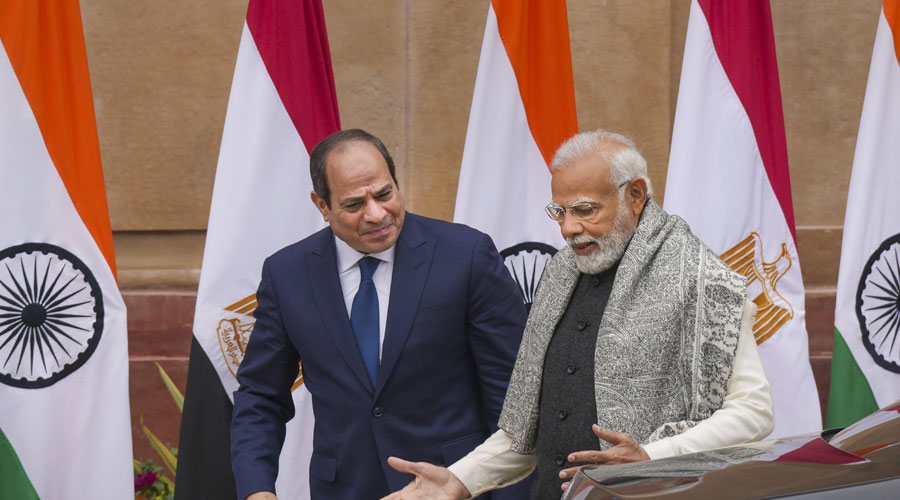 Prime Minister Narendra Modi with Egyptian President Abdel Fattah El-Sisi prior to a meeting at Hyderabad House, in New Delhi.