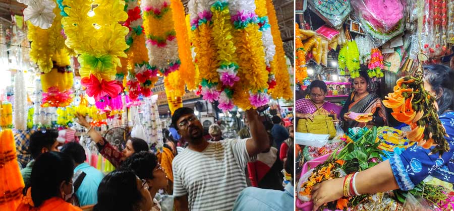 People shop for decorations, ‘palash phool’ and ‘amer mukul’ in preparation for Saraswati Puja