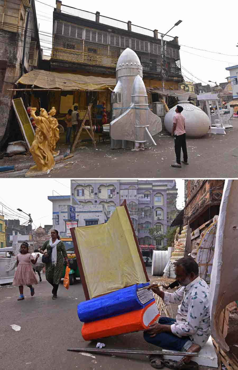 Artists add last-minute touches to props for Saraswati Puja pandals at Dompara