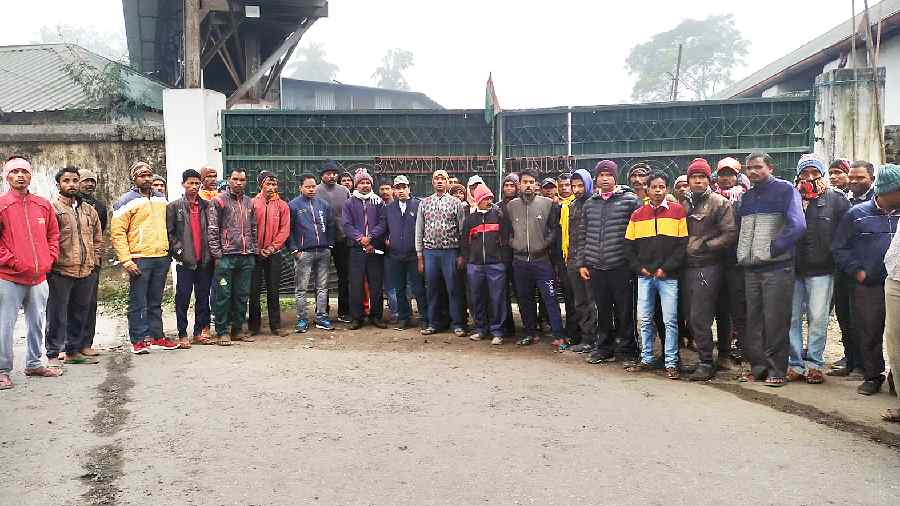 File picture of workers in front of the factory of Bamandanga-Tondoo tea estate on December 27, 2022, after the management announced suspension of work