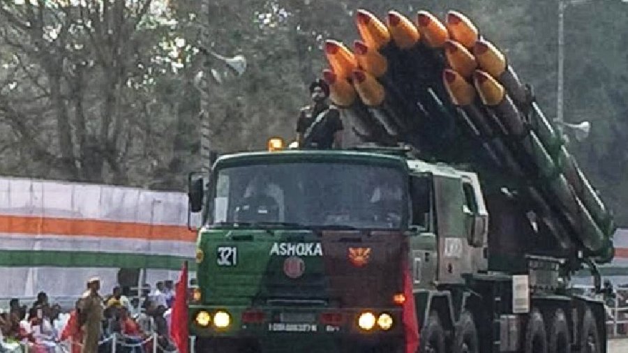 Vehicle-mounted self-propelled rocket launchers of the army on display at the parade.