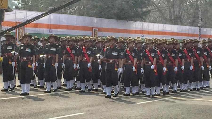 A contingent of Assam Regiment, marches down Red Road during the Republic Day Parade.
