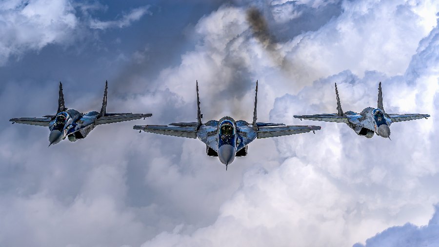 Baaz formation by 3 Mig-29 fighter planes of the Indian Air Force, during the 74th Republic Day Parade. 