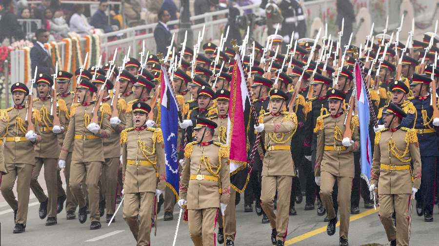 A military contingent from Egypt marches past during the 74th Republic Day Parade. 