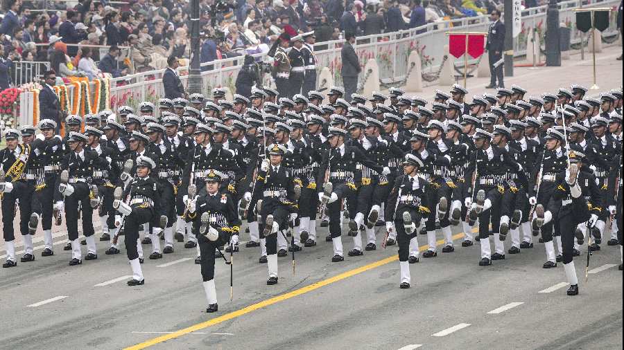 Marching contingent of the Indian Navy during the 74th Republic Day Parade at the Kartavya Path, in New Delhi.