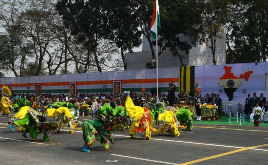 Dancers perform the famous Chhau dance, a traditional dance form representing Purulia district.